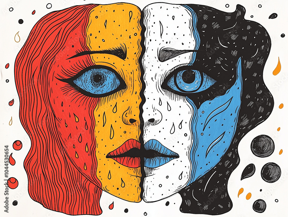 Multiple Faces In One Two faces, one joyful and one sorrowful, split down the middle ...