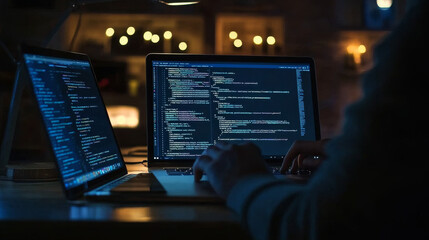 Someone is coding on a laptop. This image shows the work of software developers and is great for representing anything related to technology, like websites or computer programs.