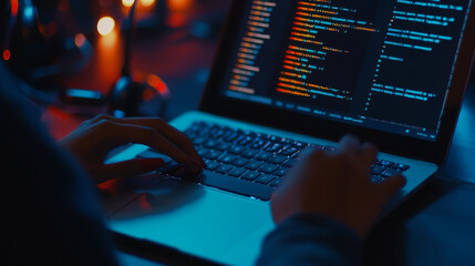 Wall Mural - someone is coding on a laptop. this image shows the work of software developers and is great for rep
