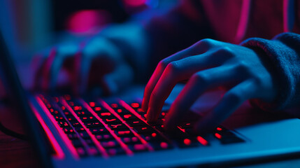 Someone is coding on a laptop. This image shows the work of software developers and is great for representing anything related to technology, like websites or computer programs.