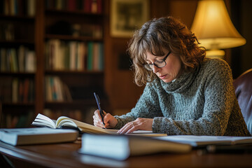 woman writing an article or book in her study