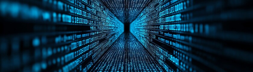 a futuristic digital tunnel filled with flowing binary code, creating a sense of depth and movement 