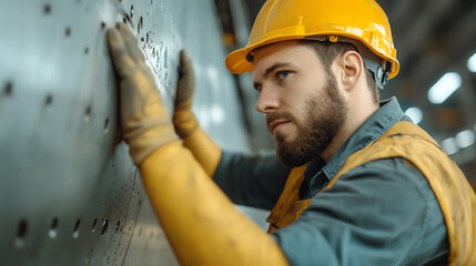 Focused male worker in a hard hat and gloves inspecting metal sheets in a modern industrial setting, highlighting dedication and craftsmanship.