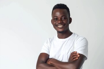 Canvas Print - Portrait of happy african guy standing with arms crossed against white background