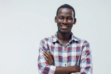 Canvas Print - Portrait of happy african guy standing with arms crossed against white background