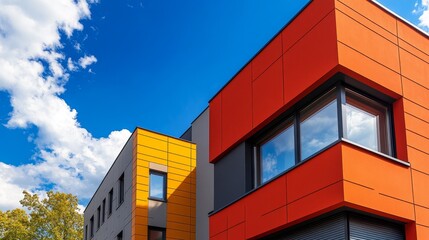 Modern building with vibrant orange and yellow panels under a blue sky.