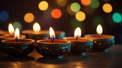 Traditional Diwali candles burning in round decorative holders, spreading light and warmth