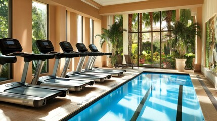 Wall Mural - Fitness area with treadmills near a serene spa pool, blending modern design and natural light.