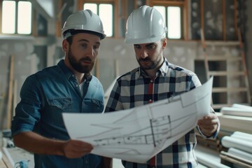 Professionals discuss plans at home construction site.