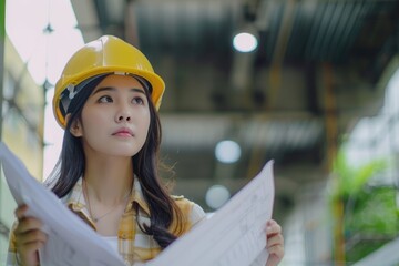 Asian woman civil engineer supervising construction site.