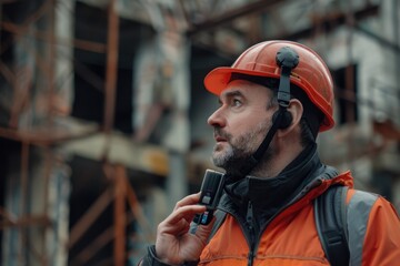 Manager worker architect wearing helmet and radio