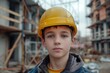 © darshika - Portrait of teenage boy wearing hardhat  standing in construction site and looking at camera.