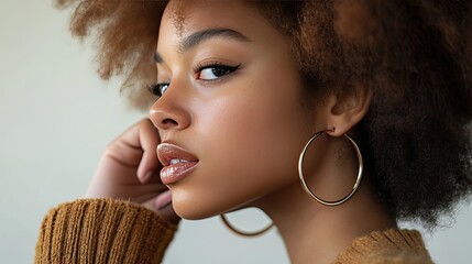 Close-up Portrait of a Woman with Curly Hair and Gold Hoop Earrings