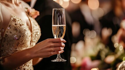 Woman in a Gold Dress Holding a Glass of Champagne