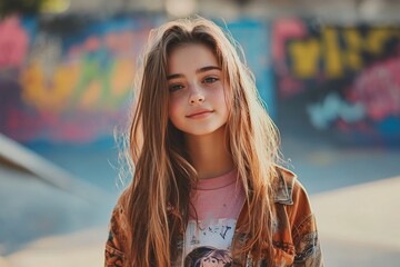 Trendy teenager girl portrait. Skatepark background