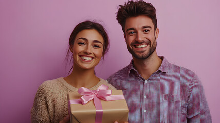 Beautiful couple holding a gift box for Valentine's Day. Valentine's Day concept