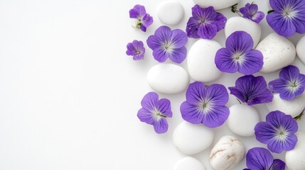 Poster - Purple flowers and white rocks arranged against a simple white background, offering a soft and peaceful aesthetic ideal for nature or wellness visuals.