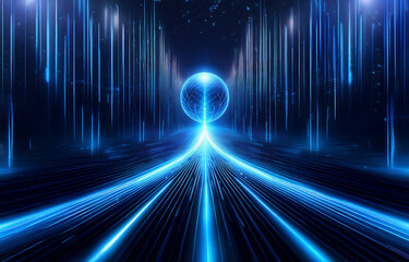 A glowing blue sphere hangs in the center of an abstract digital tunnel made of glowing blue lines and light.