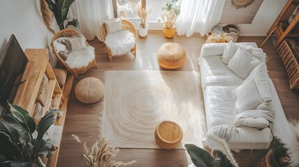 a top view of a scandinavian-inspired room with soft textures, natural light, and simple furniture