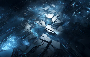 a dark blue and silver abstract background featuring a shattered or cracked surface. light shines th