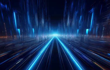 Wall Mural - an abstract digital landscape with a glowing blue path leading to a bright light in the distance.