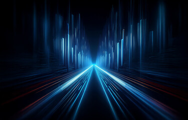 Canvas Print - a blue neon highway fades into a black abyss, lined with glowing vertical lines and surrounded by li