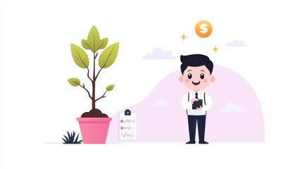 Business growth plan, plant sprouting with charts, flat design illustration ,clean background