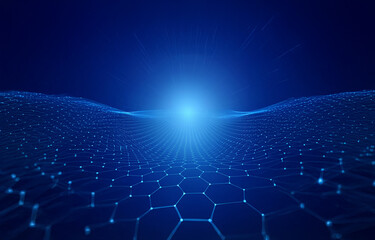 Wall Mural - a bright, white light shines through a grid of glowing hexagons against a deep blue background. the 