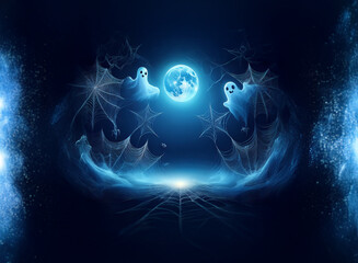 Two white ghosts float among cobwebs in front of a glowing full moon with a light blue background.