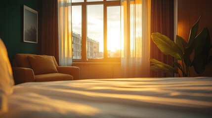 Canvas Print - Close-up of a hotel room with a bed, window, and armchair, with a cinematic, golden-hour lighting effect