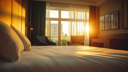 Canvas Print - Close-up of a hotel room with a bed, window, and armchair, with a cinematic, golden-hour lighting effect