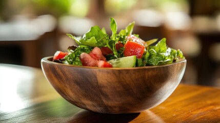 Sticker - Fresh Green Salad in Wooden Bowl on Table