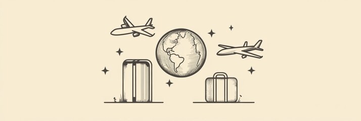 Poster - A globe, an airplane in flight, and a suitcase depict the thrill of exploring new international destinations. Generative AI