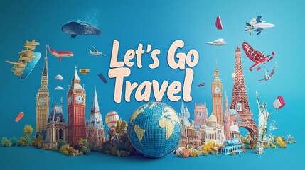 A colorful travel poster featuring a 3D globe and famous landmarks, inviting you to explore the world. The text 