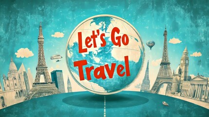 A colorful travel poster featuring a 3D globe and famous landmarks, inviting you to explore the world. The text 