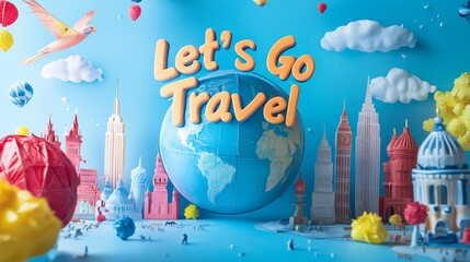 A colorful travel poster featuring a 3D globe and famous landmarks, inviting you to explore the world. The text 