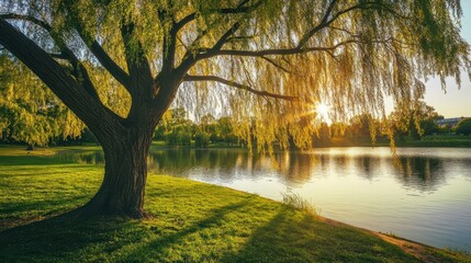 Tranquil Willow Tree by Serene Lake at Sunset