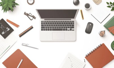 a desk with a laptop, a mouse, a plant, a lamp, a book, and some other office supplies