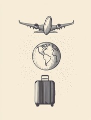 Aufkleber - The design showcases a globe, an airplane soaring above, and a suitcase at the bottom, symbolizing the journey of global exploration. Generative AI