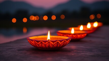 Captivating evening scene of floating diyas illuminating a serene waterbody amidst nature's tranquility