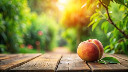 Nature background with peaches on table in garden at tilted angle