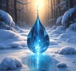 Illustration of frozen blue glowing water drop.