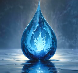 Illustration of blue glowing frozen water drop with fresh energy inside.