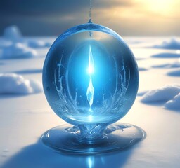 Illustration of blue glowing frozen water drop with fresh energy inside.