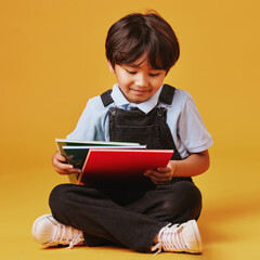 Books, education and child in studio with studying for test, assignment or development. Scholarship, student and Asian boy kid reading for learning elementary school for future by yellow background.