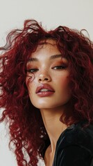 beautiful model with very curly burgundy colored hair