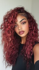 beautiful model with very curly burgundy colored hair