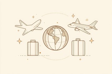 Aufkleber - Travel enthusiasts can visualize global adventures with a globe, mid-flight airplanes, and packed suitcases representing journey preparation. Generative AI