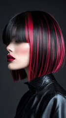 Wall Mural - side profile of a model with black and red bob hairstyle with bangs