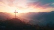 © GenZGraphics - A tranquil sunrise casts light over mountains featuring a cross silhouette that represents peace and hope within the beauty of nature